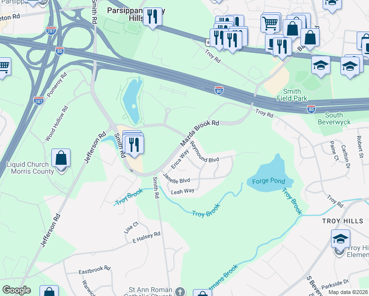map of restaurants, bars, coffee shops, grocery stores, and more near 53 Erica Way in Parsippany-Troy Hills