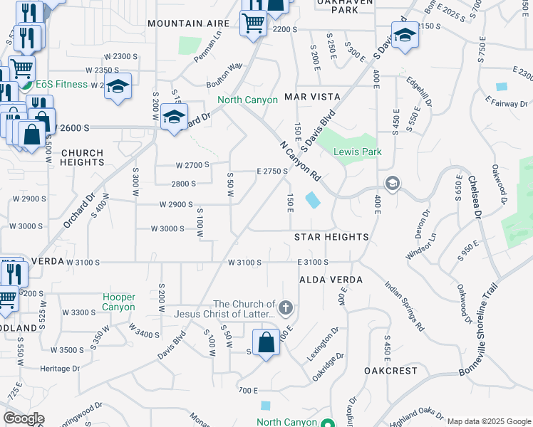 map of restaurants, bars, coffee shops, grocery stores, and more near 2913 South Davis Boulevard in Bountiful
