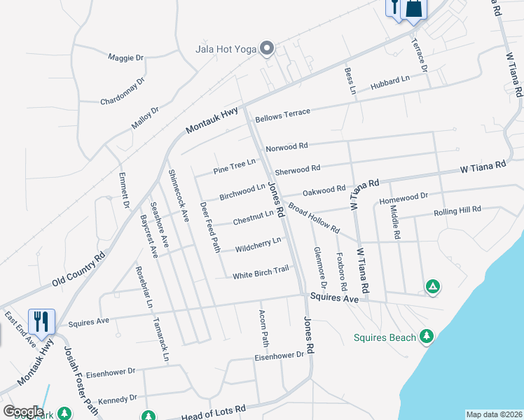 map of restaurants, bars, coffee shops, grocery stores, and more near 30 Jones Road in East Quogue