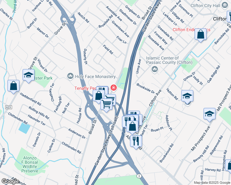 map of restaurants, bars, coffee shops, grocery stores, and more near 1135 Broad Street in Clifton