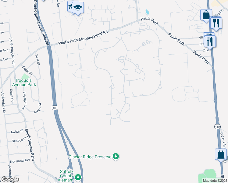 map of restaurants, bars, coffee shops, grocery stores, and more near 234 Skyline Drive in Coram