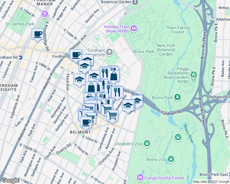 map of restaurants, bars, coffee shops, grocery stores, and more near 2496 Belmont Avenue in Bronx