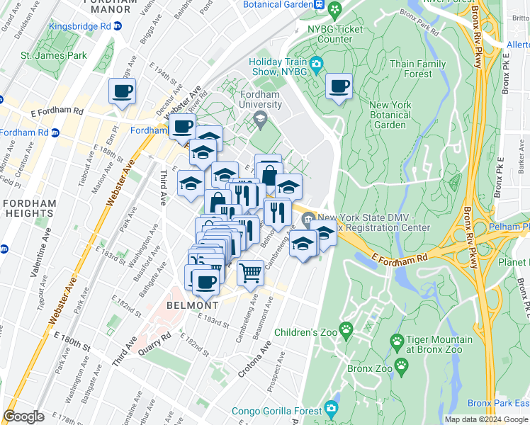map of restaurants, bars, coffee shops, grocery stores, and more near 2471 Hughes Avenue in Bronx