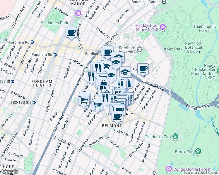 map of restaurants, bars, coffee shops, grocery stores, and more near 527 East 187th Street in Bronx