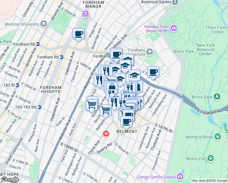 map of restaurants, bars, coffee shops, grocery stores, and more near 527 East 187th Street in Bronx