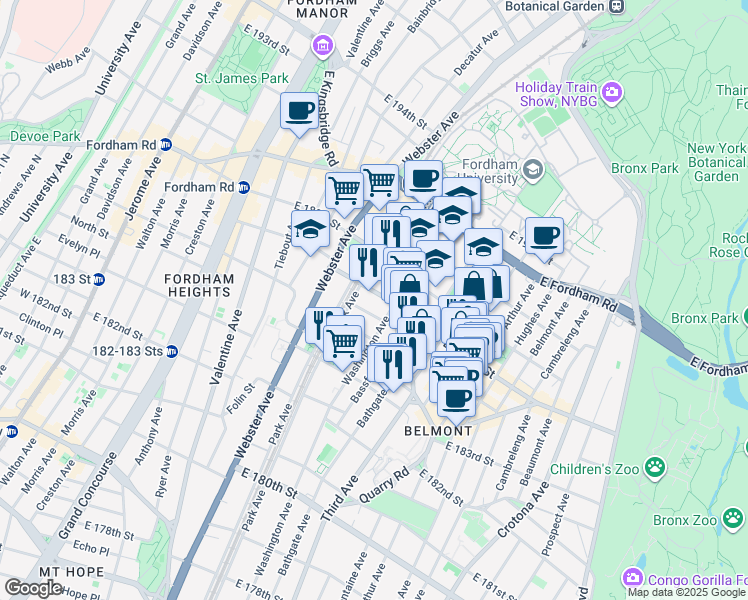 map of restaurants, bars, coffee shops, grocery stores, and more near in The Bronx