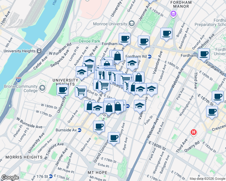 map of restaurants, bars, coffee shops, grocery stores, and more near 53 East 182nd Street in Bronx