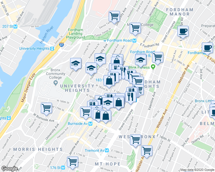 map of restaurants, bars, coffee shops, grocery stores, and more near in The Bronx