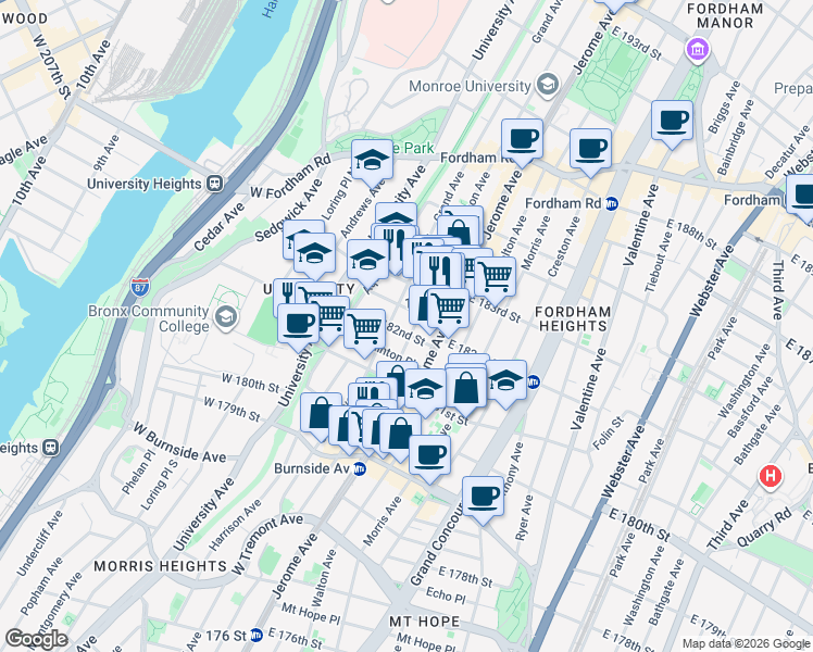 map of restaurants, bars, coffee shops, grocery stores, and more near 2176 Grand Avenue in Bronx