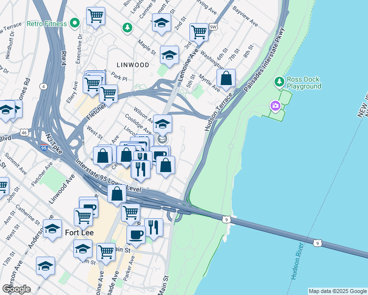 map of restaurants, bars, coffee shops, grocery stores, and more near 2193 North Central Road in Fort Lee
