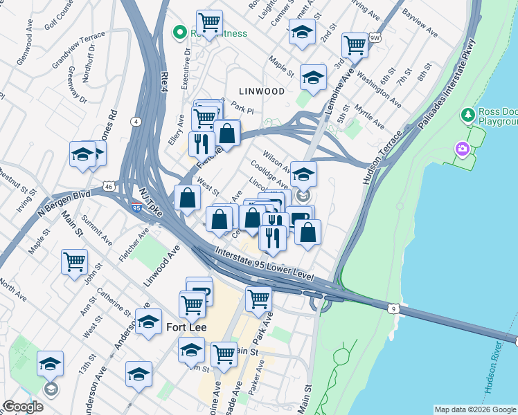 map of restaurants, bars, coffee shops, grocery stores, and more near 2160 Center Avenue in Fort Lee