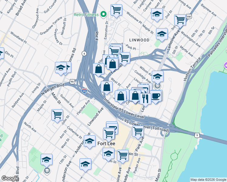 map of restaurants, bars, coffee shops, grocery stores, and more near 327 Bridge Plaza North in Fort Lee