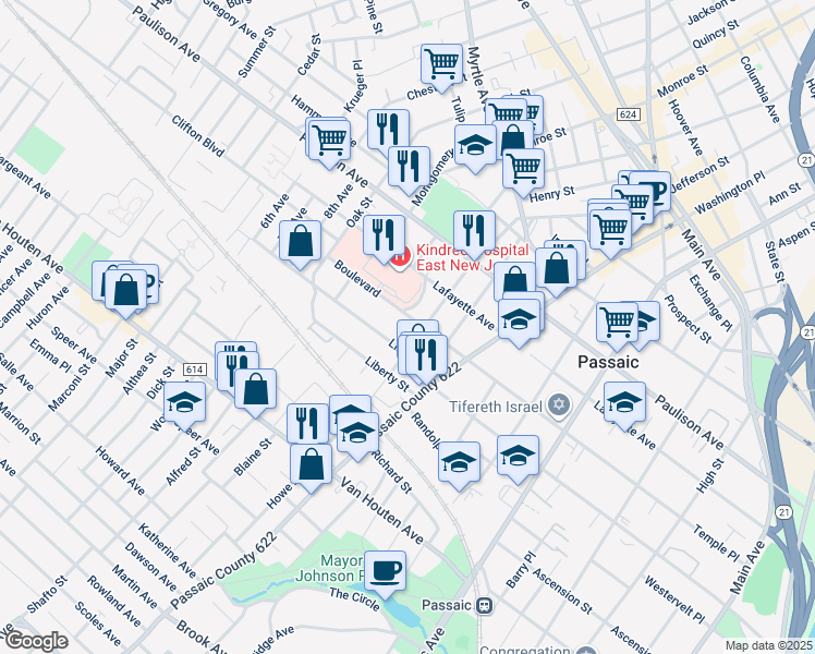 map of restaurants, bars, coffee shops, grocery stores, and more near 47 Linden Street in Passaic