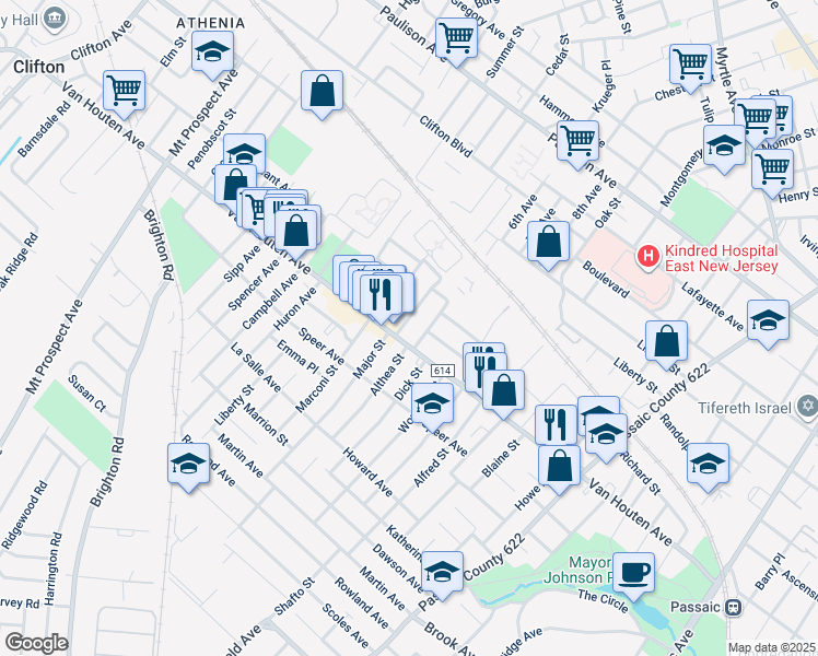 map of restaurants, bars, coffee shops, grocery stores, and more near 575 Van Houten Avenue in Clifton