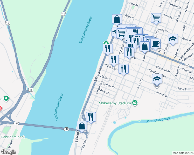 map of restaurants, bars, coffee shops, grocery stores, and more near 428 South Front Street in Sunbury