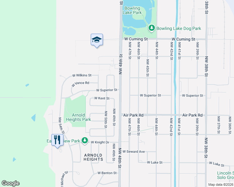 map of restaurants, bars, coffee shops, grocery stores, and more near 4248 Northwest 49th Street in Lincoln