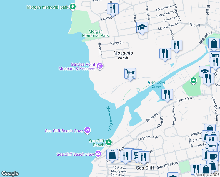 map of restaurants, bars, coffee shops, grocery stores, and more near 1 Garvies Point Road in Glen Cove