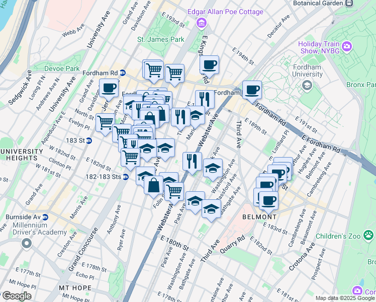 map of restaurants, bars, coffee shops, grocery stores, and more near 365 East 184th Street in Bronx
