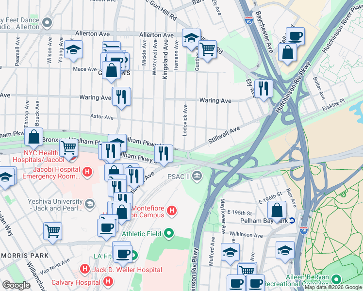 map of restaurants, bars, coffee shops, grocery stores, and more near 2201 Lodovick Avenue in Bronx