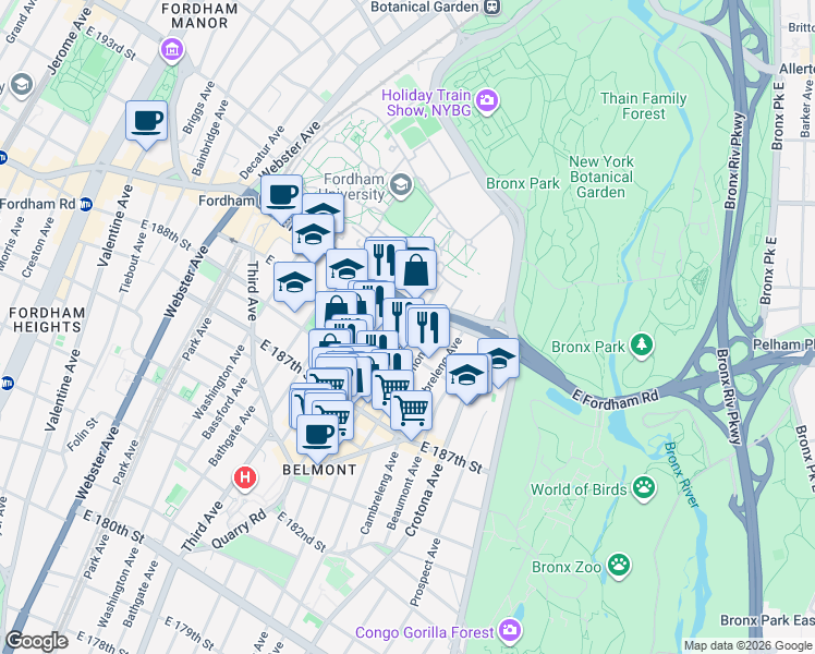map of restaurants, bars, coffee shops, grocery stores, and more near 2471 Hughes Avenue in The Bronx