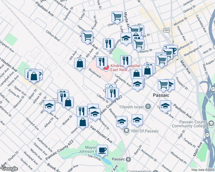 map of restaurants, bars, coffee shops, grocery stores, and more near 47 Linden Street in Passaic