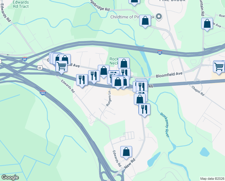 map of restaurants, bars, coffee shops, grocery stores, and more near 147 U.S. 46 in Parsippany-Troy Hills