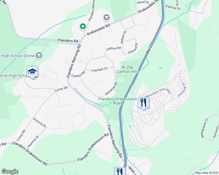 map of restaurants, bars, coffee shops, grocery stores, and more near 21 Warwick Road in Mount Olive Township