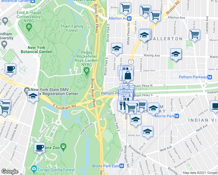 map of restaurants, bars, coffee shops, grocery stores, and more near 615 Pelham Parkway North in Bronx