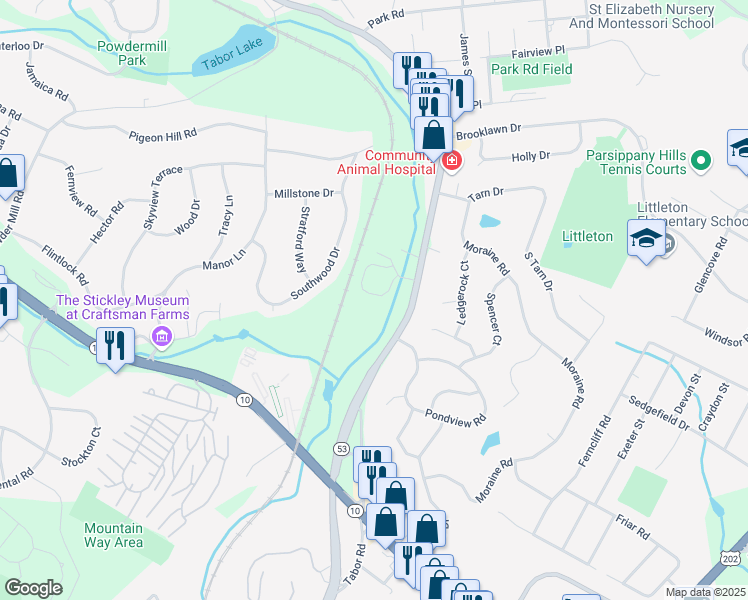 map of restaurants, bars, coffee shops, grocery stores, and more near 21 Brookstone Circle in Morris Plains