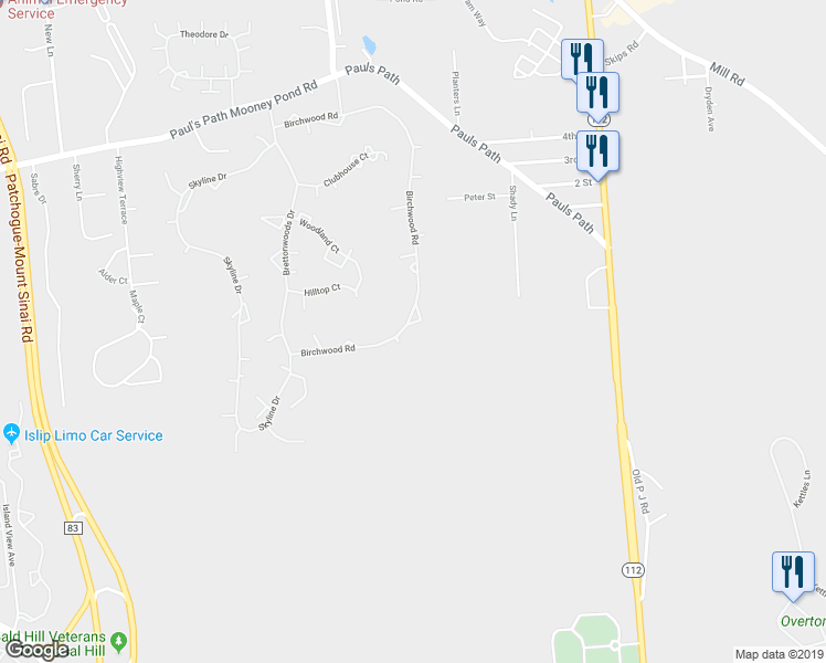 map of restaurants, bars, coffee shops, grocery stores, and more near 208 Birchwood Road in Coram