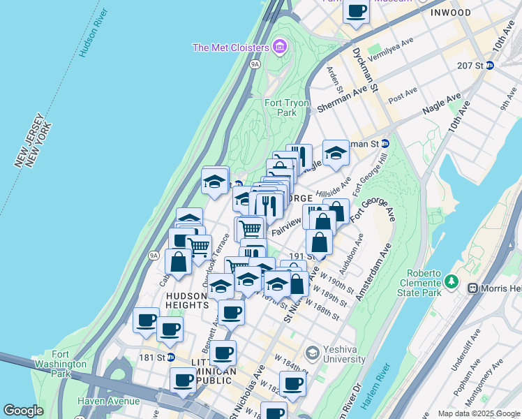 map of restaurants, bars, coffee shops, grocery stores, and more near in New York