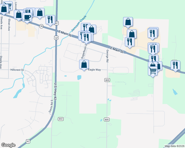 map of restaurants, bars, coffee shops, grocery stores, and more near 1661 Eagle Way in Ashland