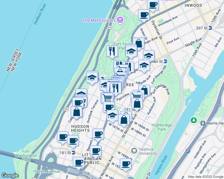map of restaurants, bars, coffee shops, grocery stores, and more near 730 Fort Washington Avenue in New York