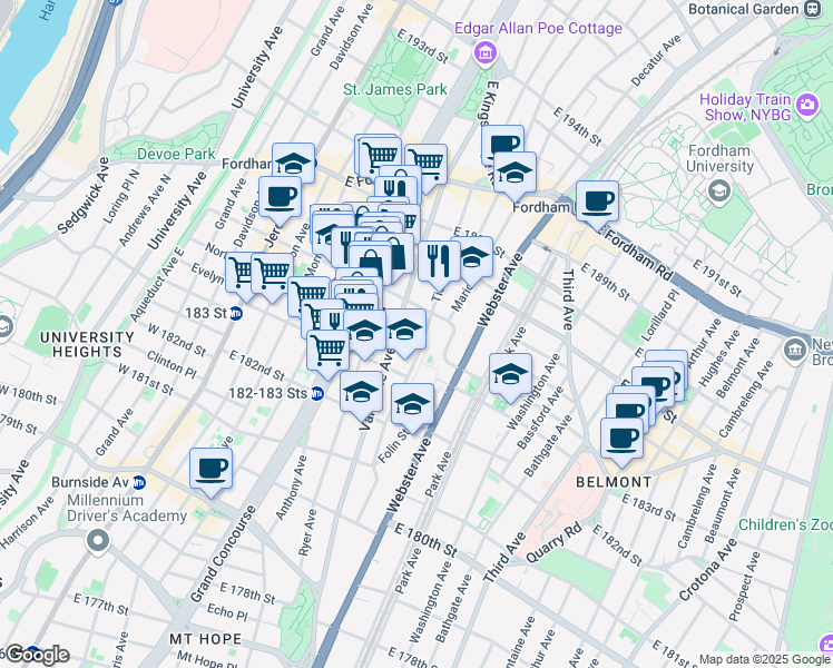 map of restaurants, bars, coffee shops, grocery stores, and more near 2345 Tiebout Avenue in Bronx
