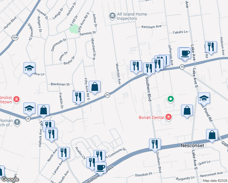 map of restaurants, bars, coffee shops, grocery stores, and more near 441 Jericho Turnpike in Nesconset
