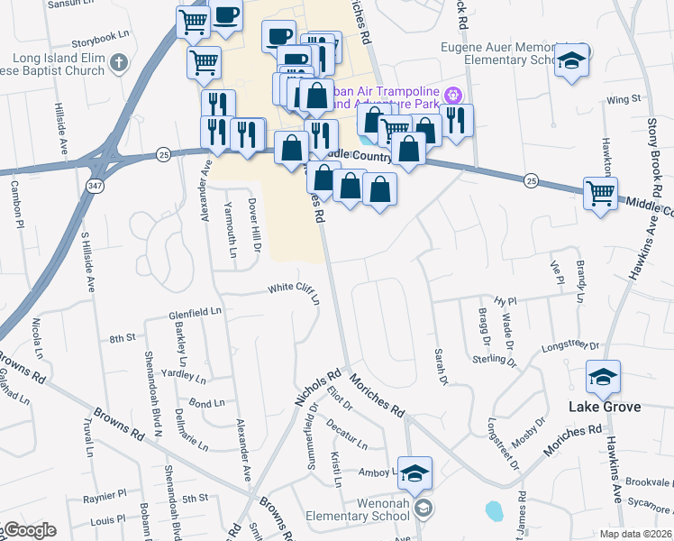 map of restaurants, bars, coffee shops, grocery stores, and more near 113 Moriches Road in Lake Grove