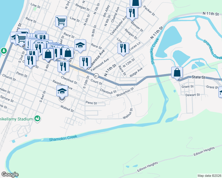map of restaurants, bars, coffee shops, grocery stores, and more near 1100-1198 Market Street in Sunbury