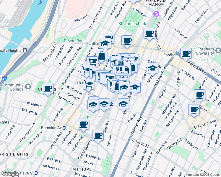 map of restaurants, bars, coffee shops, grocery stores, and more near Creston Ave & E 183rd St in Bronx