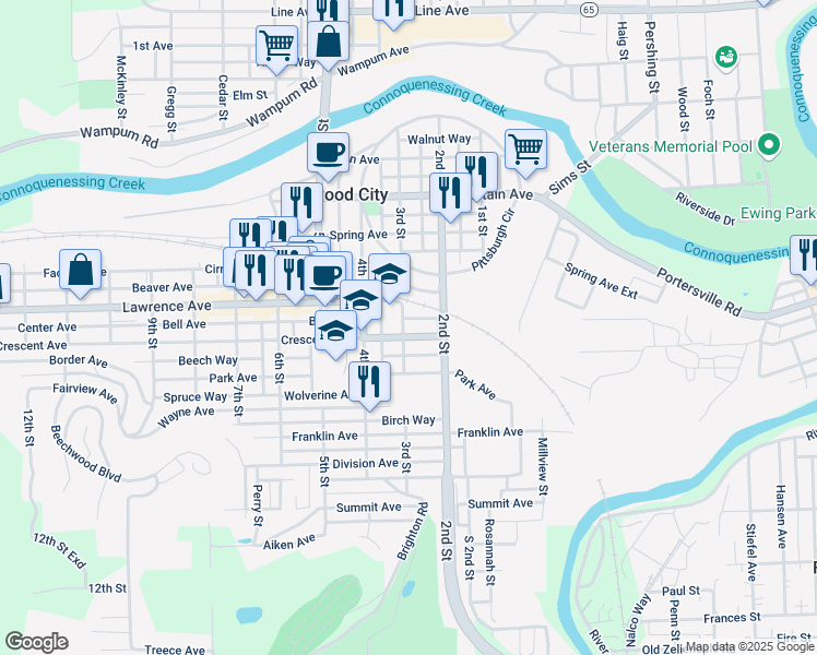 map of restaurants, bars, coffee shops, grocery stores, and more near 311 Lawrence Avenue in Ellwood City