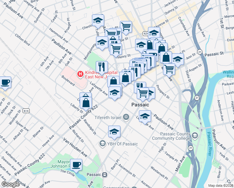 map of restaurants, bars, coffee shops, grocery stores, and more near 144 Broadway in Passaic