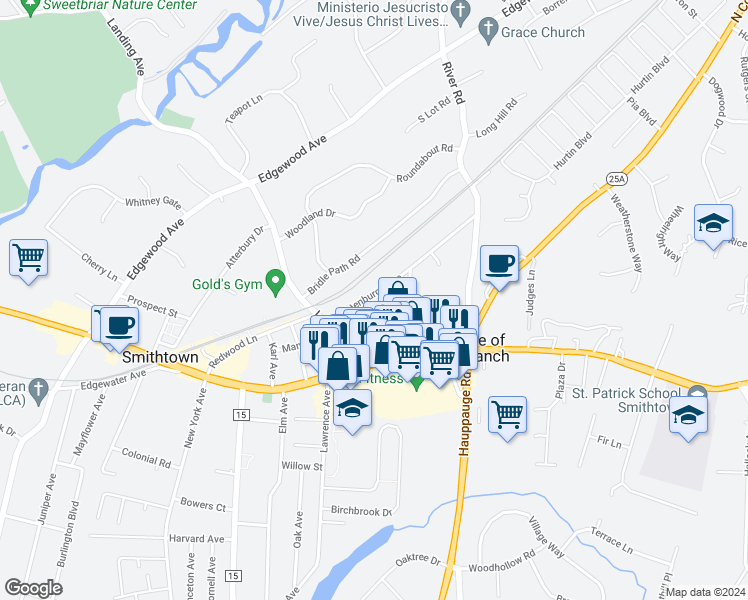 map of restaurants, bars, coffee shops, grocery stores, and more near 52 Blydenburg Avenue in Smithtown