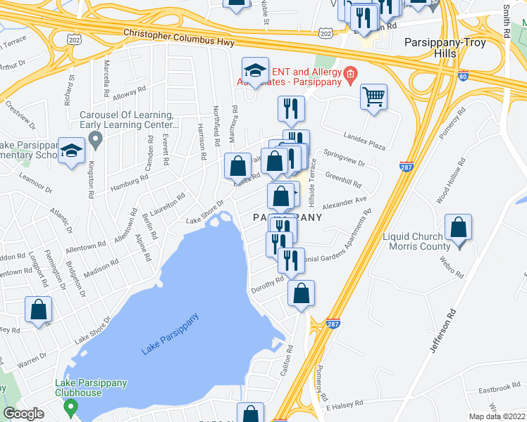 map of restaurants, bars, coffee shops, grocery stores, and more near 32 Caldwell Road in Parsippany-Troy Hills