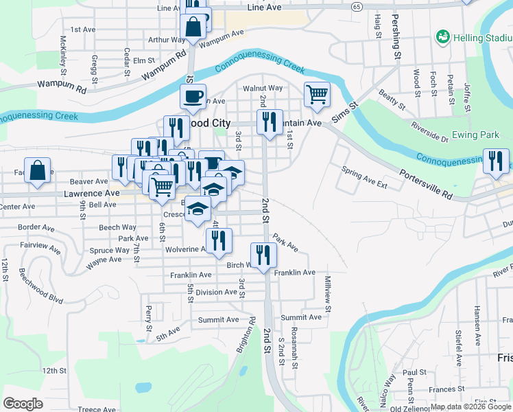 map of restaurants, bars, coffee shops, grocery stores, and more near 201 Circle Way in Ellwood City