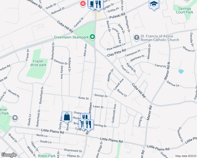 map of restaurants, bars, coffee shops, grocery stores, and more near 7 Emily Court in Greenlawn