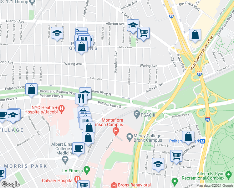 map of restaurants, bars, coffee shops, grocery stores, and more near 2226 Kingsland Avenue in Bronx