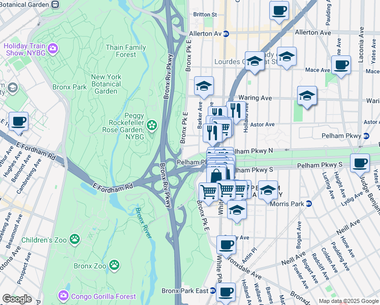 map of restaurants, bars, coffee shops, grocery stores, and more near 2244 Bronx Park East in The Bronx