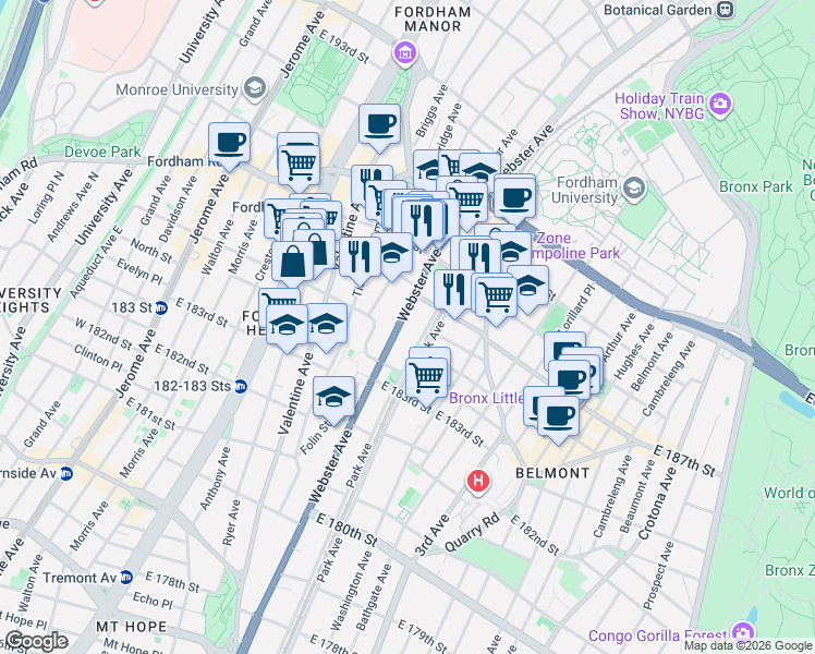 map of restaurants, bars, coffee shops, grocery stores, and more near 2400 Marion Avenue in Bronx