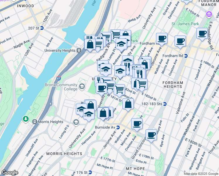 map of restaurants, bars, coffee shops, grocery stores, and more near 2194 Andrews Avenue North in Bronx