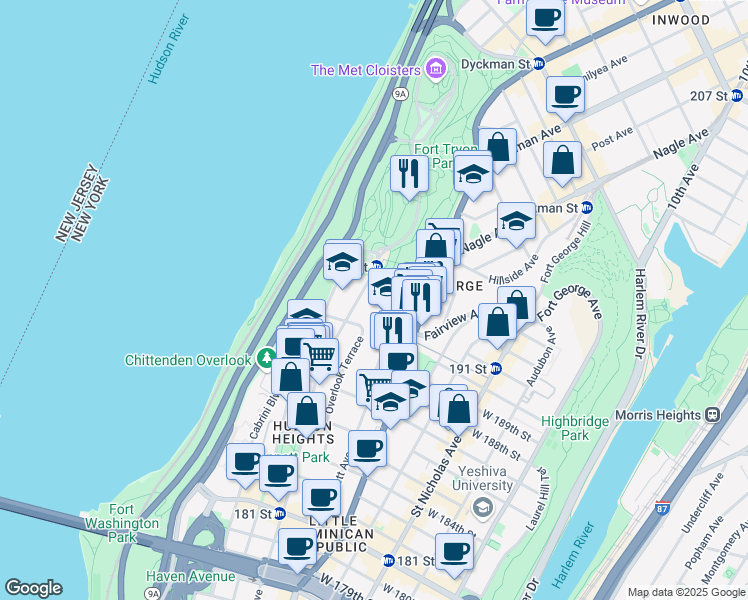 map of restaurants, bars, coffee shops, grocery stores, and more near 701 Fort Washington Avenue in New York