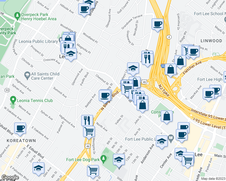map of restaurants, bars, coffee shops, grocery stores, and more near 466 Fort Lee Road in Leonia